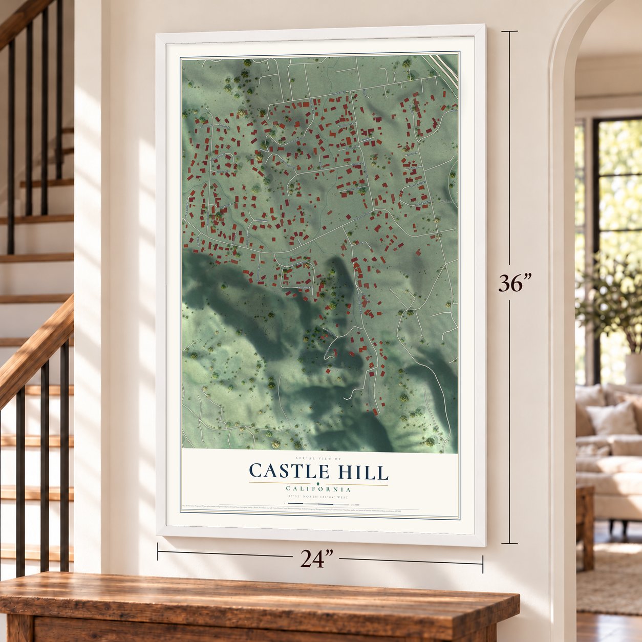 Castle Hill, California map, 24 x 36 inch print in a white frame by a staircase