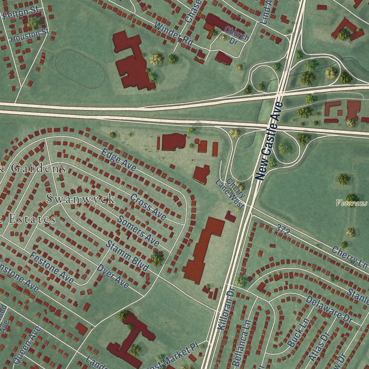 Second close-up of the map of Castle Hills, Delaware print showing more streets and buildings