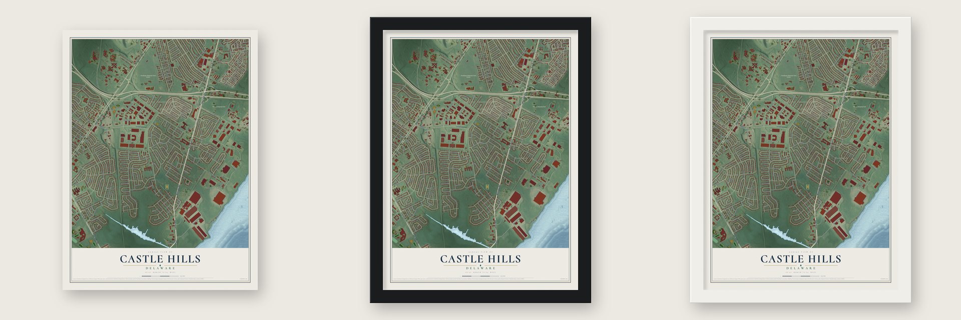 Castle Hills, Delaware map unframed, in a black wood frame and in a white wood frame