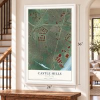 Castle Hills, Delaware map, 24 x 36 inch print in a white frame by a staircase