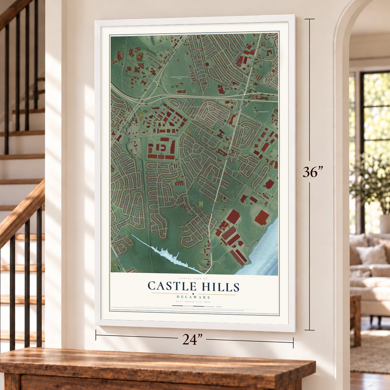 Castle Hills, Delaware map, 24 x 36 inch print in a white frame by a staircase