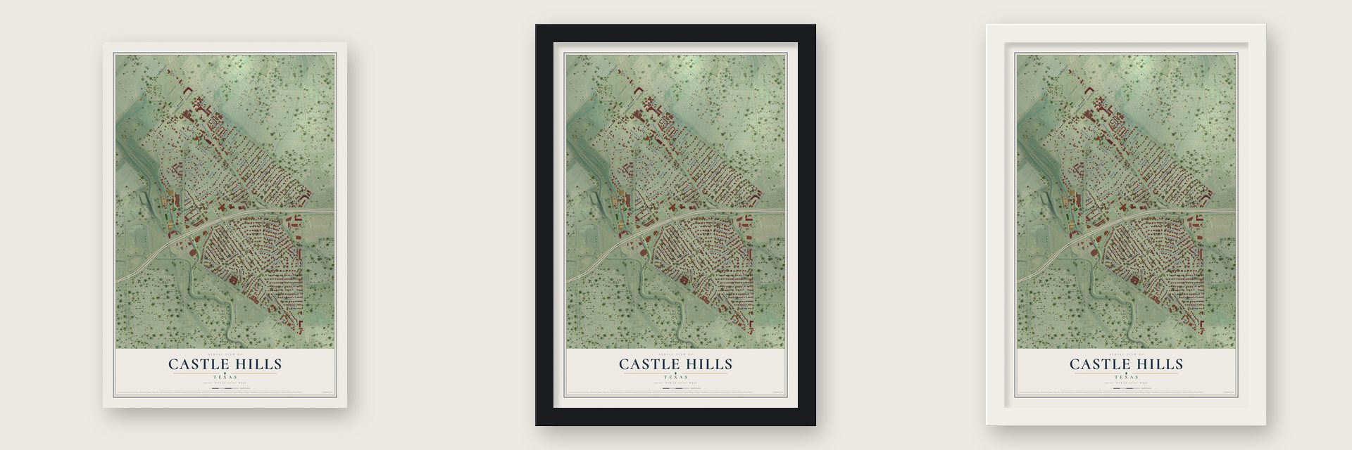 Castle Hills, Texas map unframed, in a black wood frame and in a white wood frame
