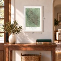 Castle Hills, Texas map, 12 x 18 inch print in a white frame in an entryway