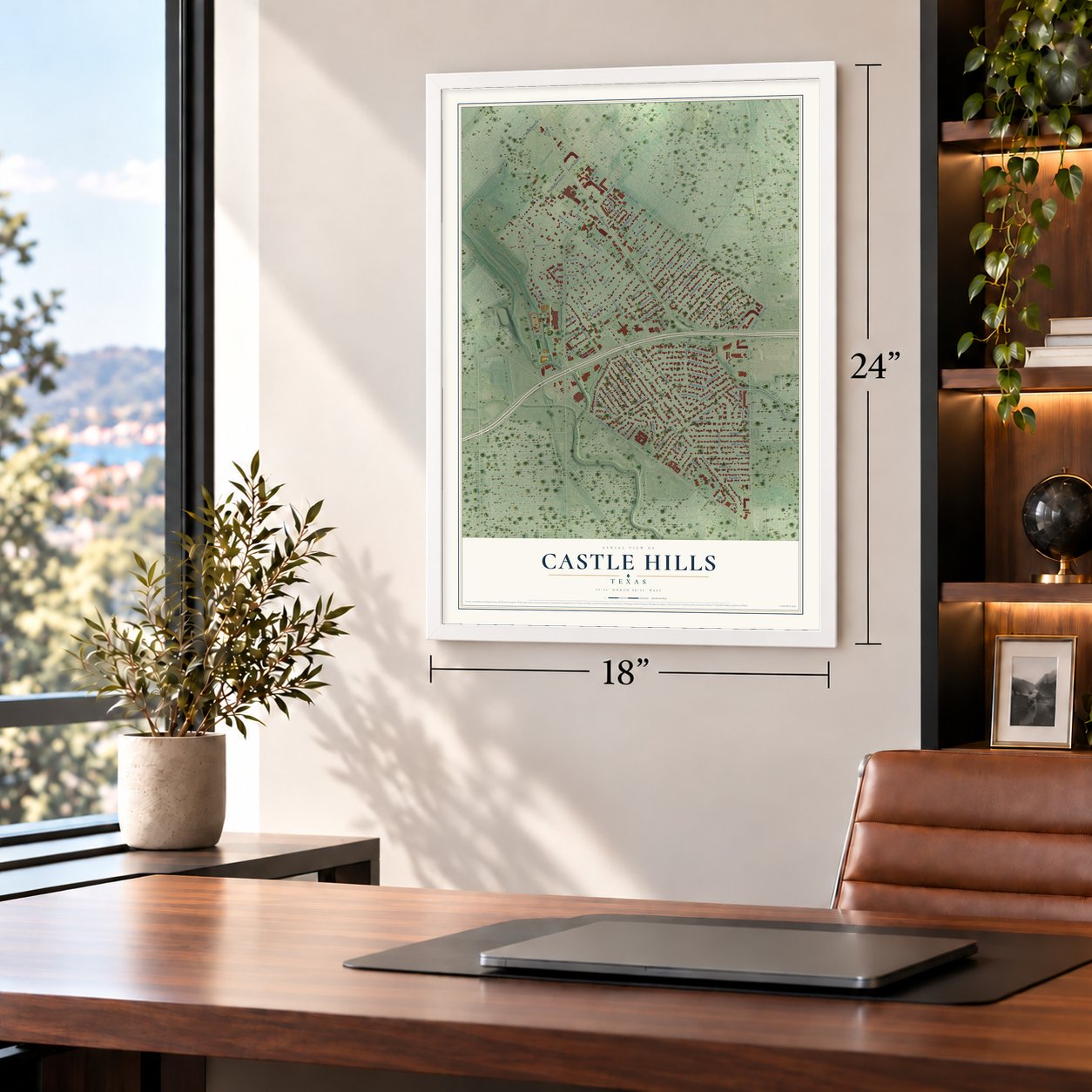 Castle Hills, Texas map, 18 x 24 inch print in a white frame in a home office