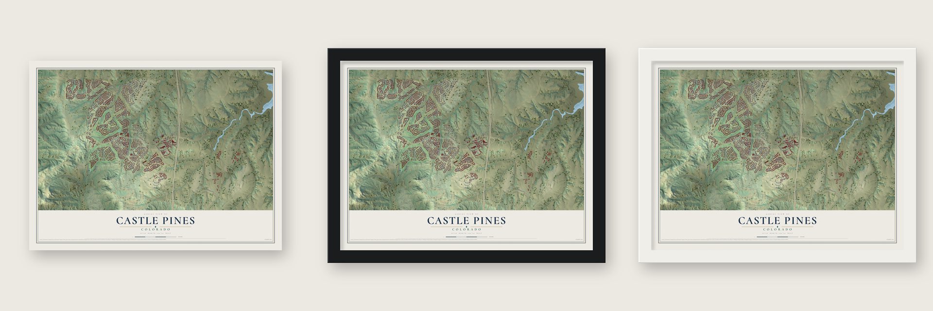 Castle Pines, Colorado map unframed, in a black wood frame and in a white wood frame