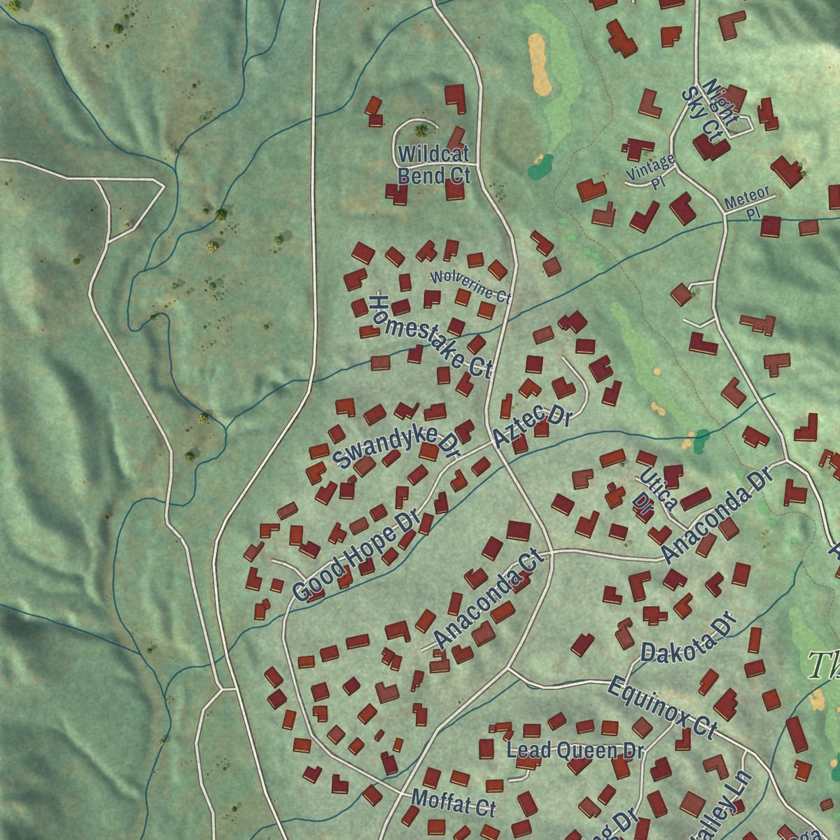 Second close-up of the map of Castle Pines Village, Colorado print showing more streets and buildings