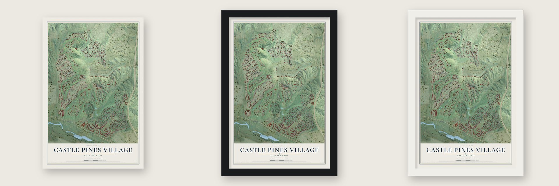 Castle Pines Village, Colorado map unframed, in a black wood frame and in a white wood frame