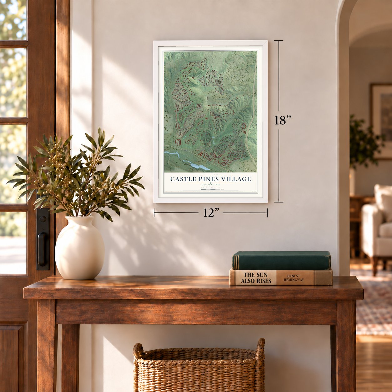 Castle Pines Village, Colorado map, 12 x 18 inch print in a white frame in an entryway