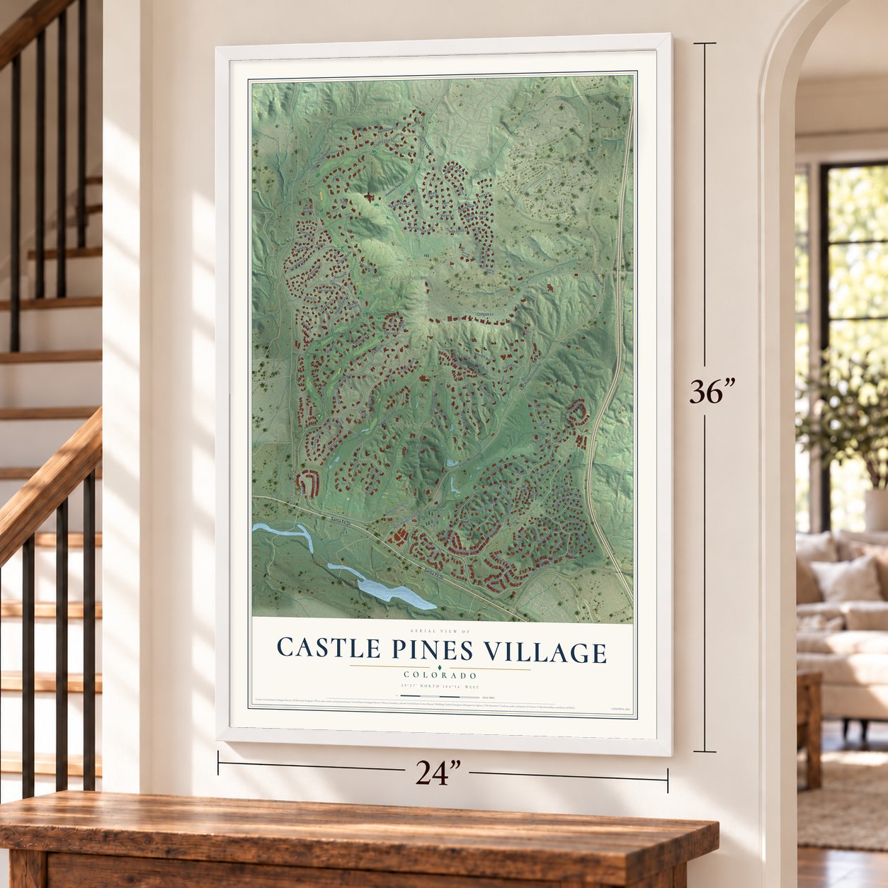 Castle Pines Village, Colorado map, 24 x 36 inch print in a white frame by a staircase