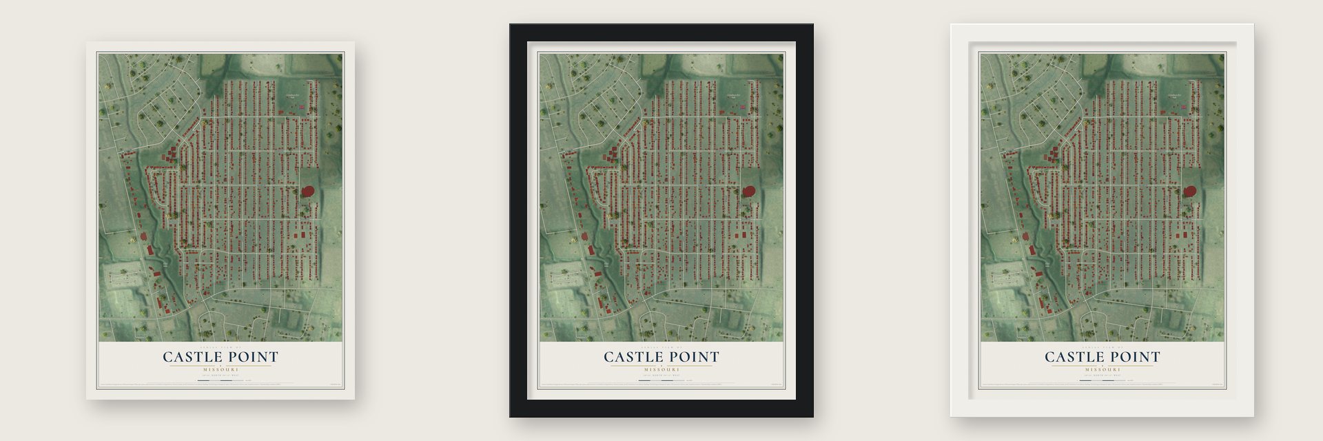 Castle Point, Missouri map unframed, in a black wood frame and in a white wood frame