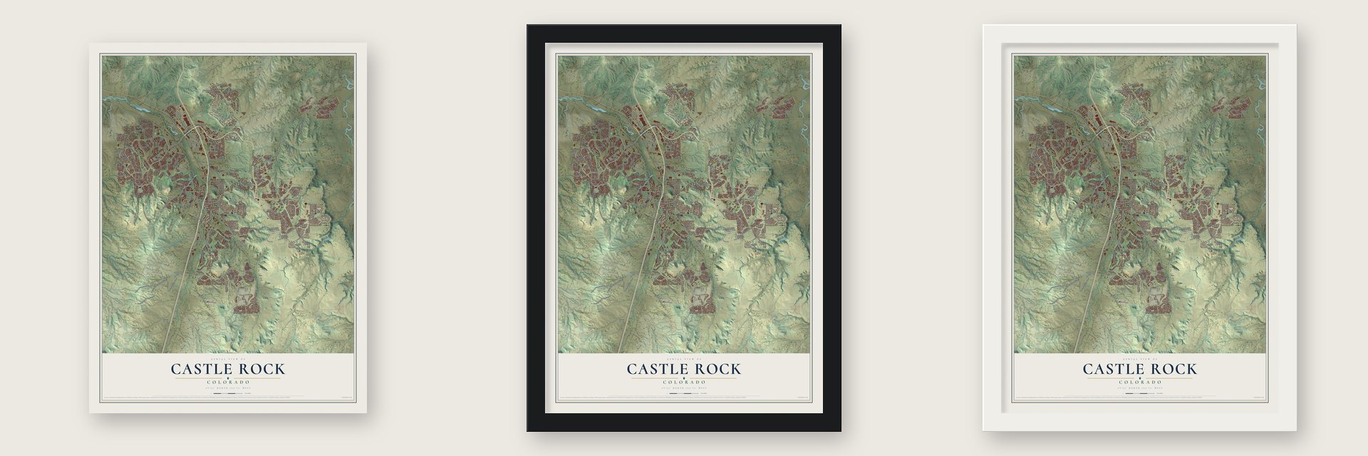 Castle Rock, Colorado map unframed, in a black wood frame and in a white wood frame