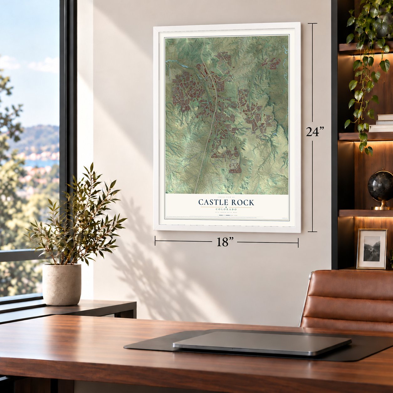 Castle Rock, Colorado map, 18 x 24 inch print in a white frame in a home office