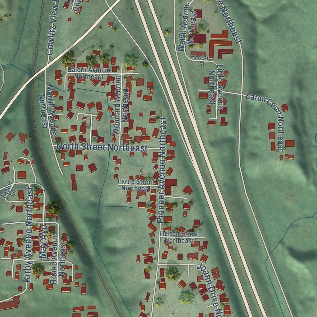 Second close-up of the map of Castle Rock, Washington print showing more streets and buildings