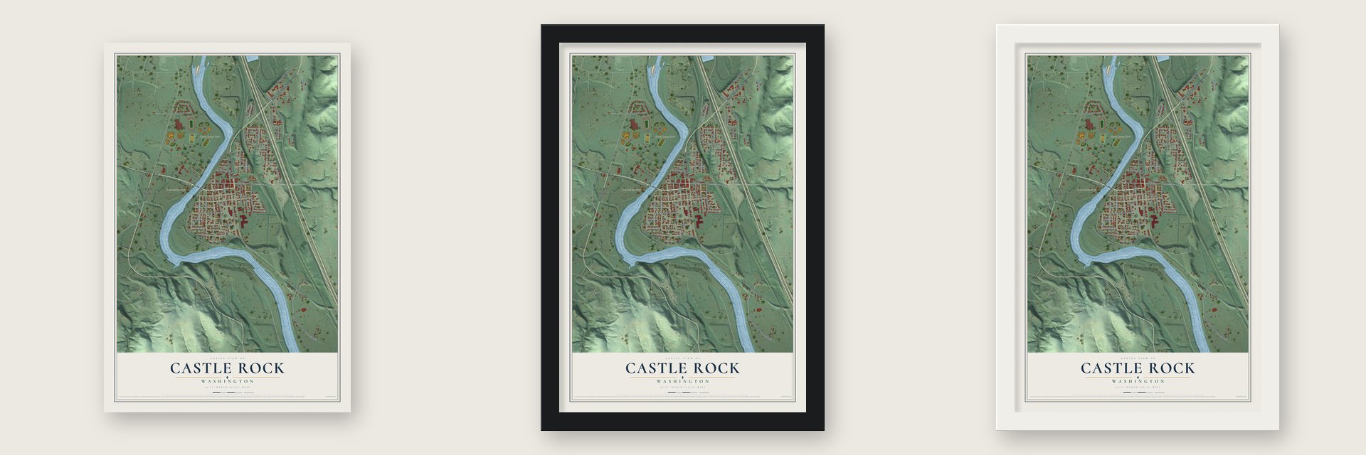 Castle Rock, Washington map unframed, in a black wood frame and in a white wood frame