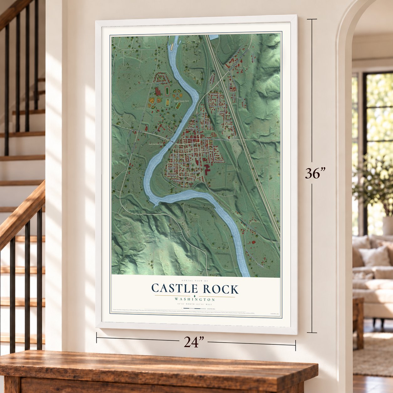 Castle Rock, Washington map, 24 x 36 inch print in a white frame by a staircase