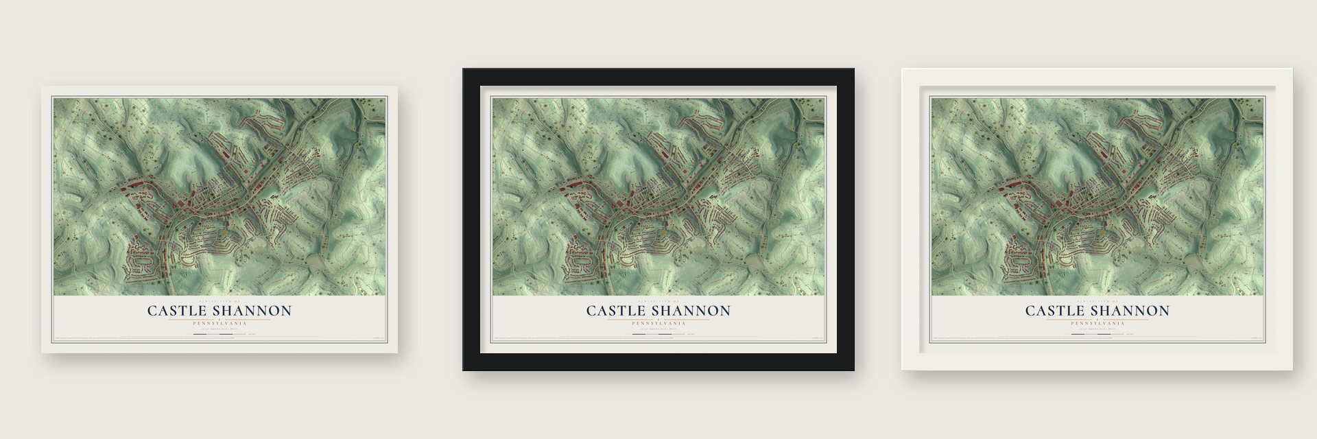 Castle Shannon, Pennsylvania map unframed, in a black wood frame and in a white wood frame