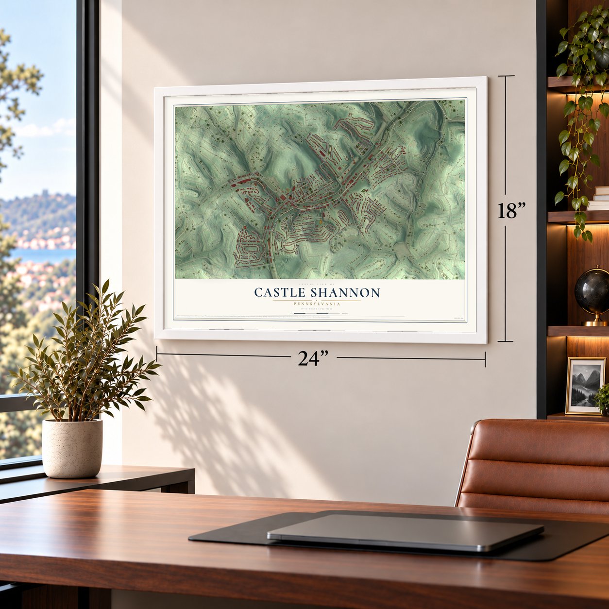 Castle Shannon, Pennsylvania map, 18 x 24 inch print in a white frame in a home office