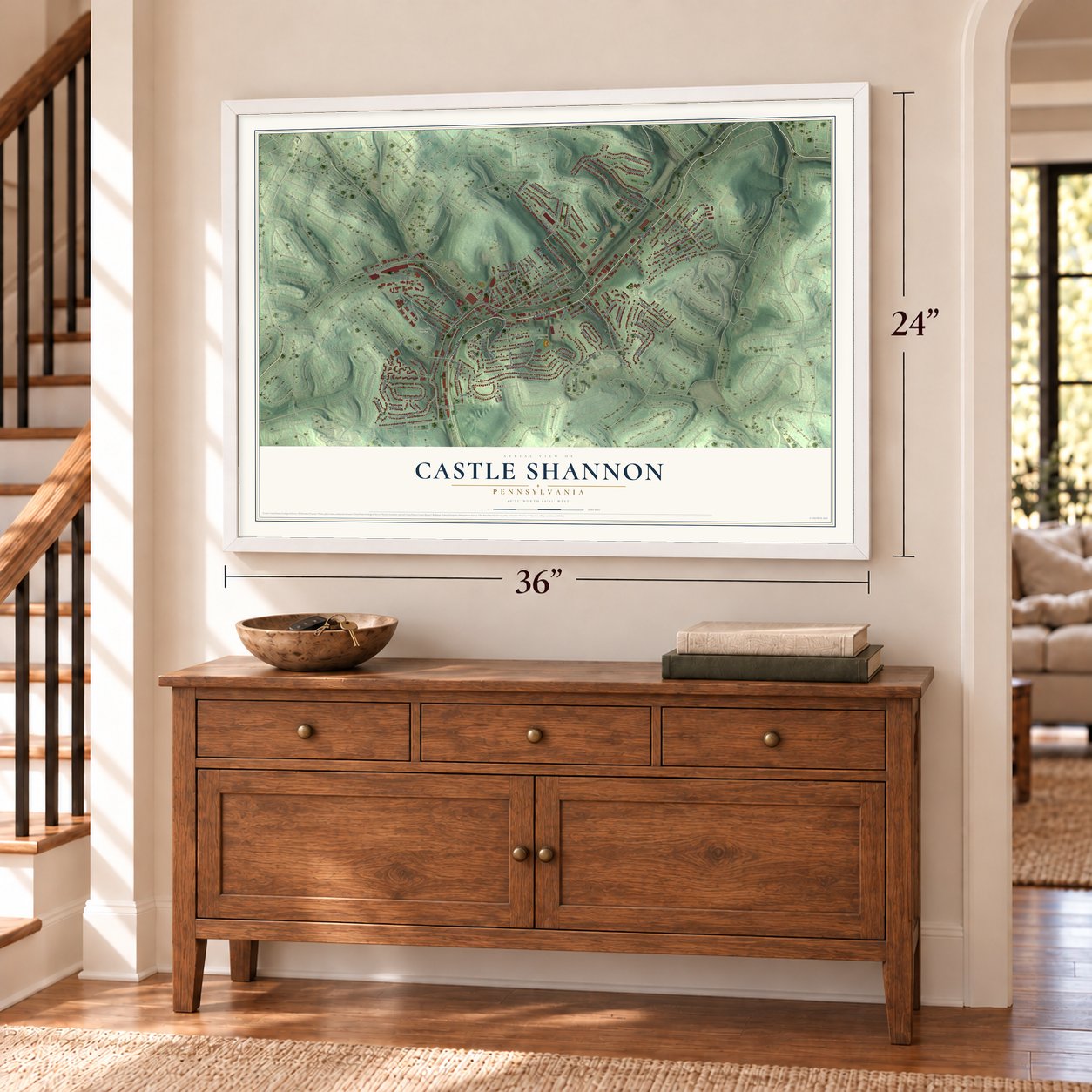 Castle Shannon, Pennsylvania map, 24 x 36 inch print in a white frame above a dresser by a staircase