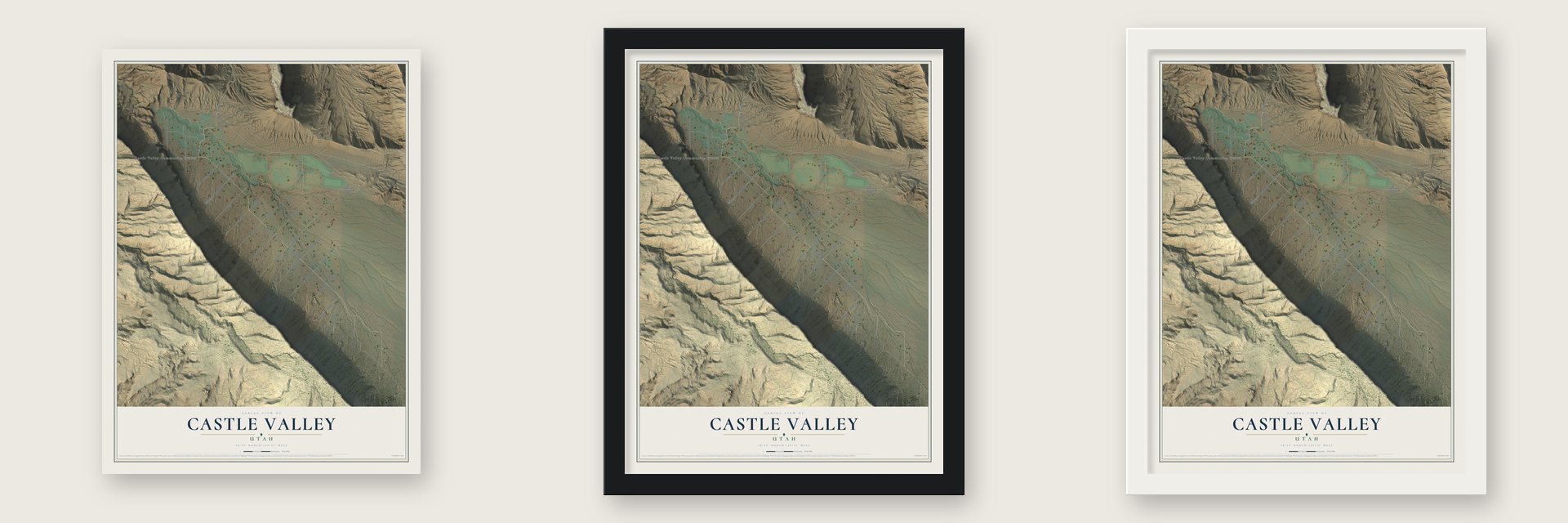 Castle Valley, Utah map unframed, in a black wood frame and in a white wood frame