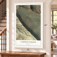 Castle Valley, Utah map, 24 x 36 inch print in a white frame by a staircase