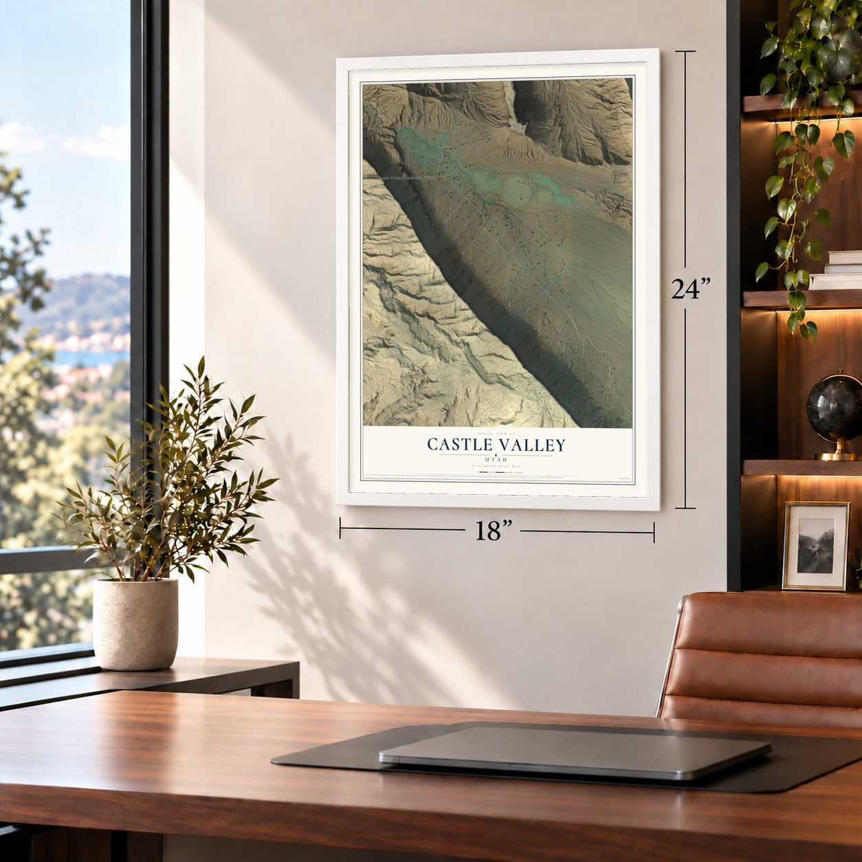 Castle Valley, Utah map, 18 x 24 inch print in a white frame in a home office