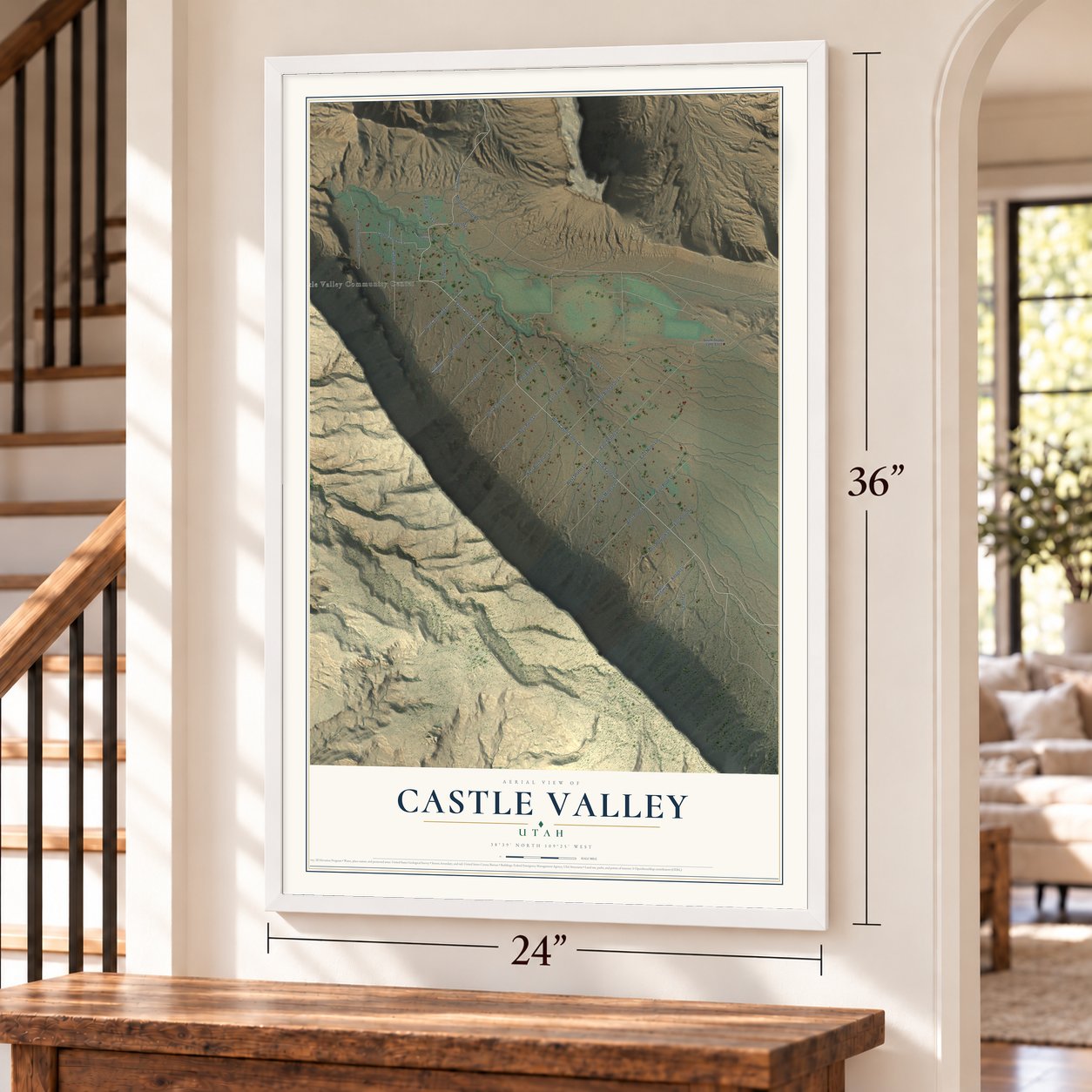 Castle Valley, Utah map, 24 x 36 inch print in a white frame by a staircase