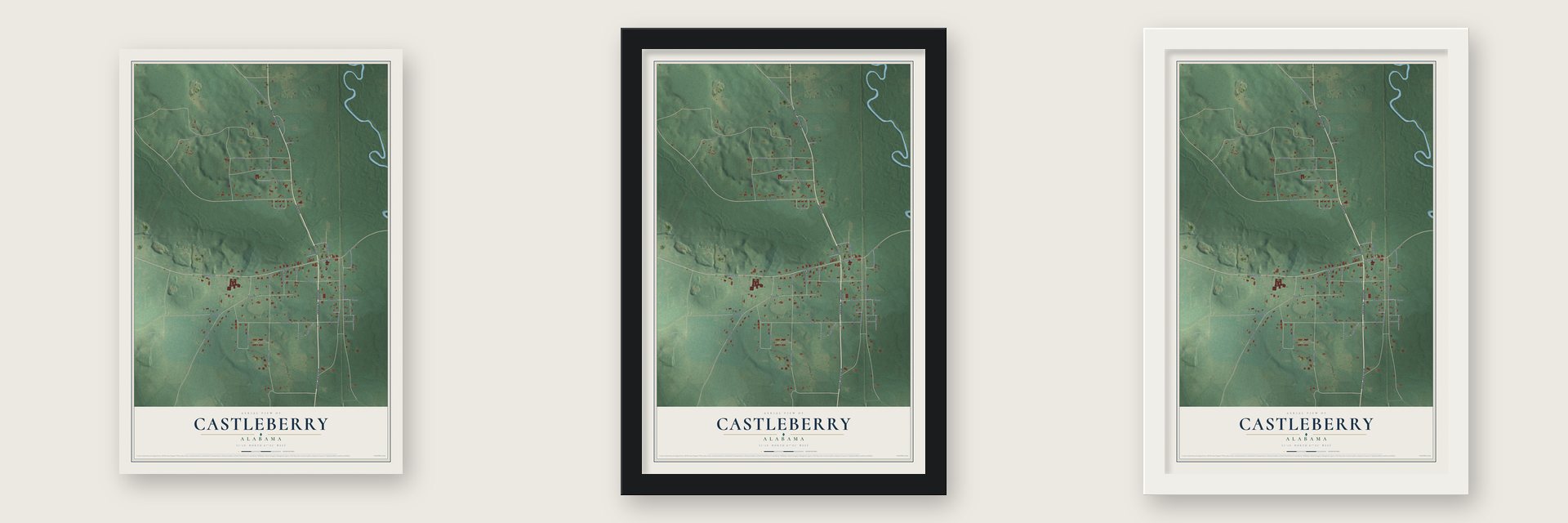 Castleberry, Alabama map unframed, in a black wood frame and in a white wood frame