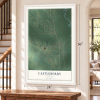 Castleberry, Alabama map, 24 x 36 inch print in a white frame by a staircase