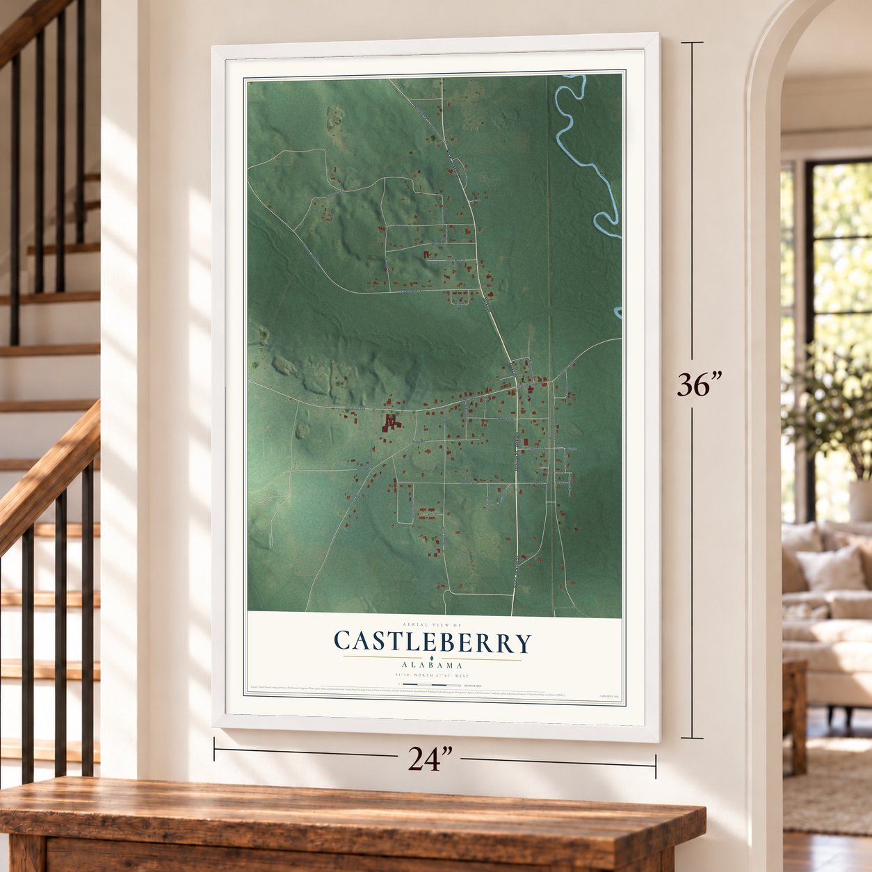 Castleberry, Alabama map, 24 x 36 inch print in a white frame by a staircase