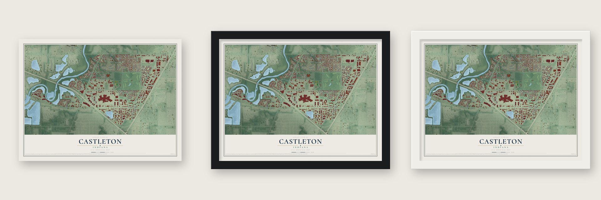 Castleton, Indiana map unframed, in a black wood frame and in a white wood frame