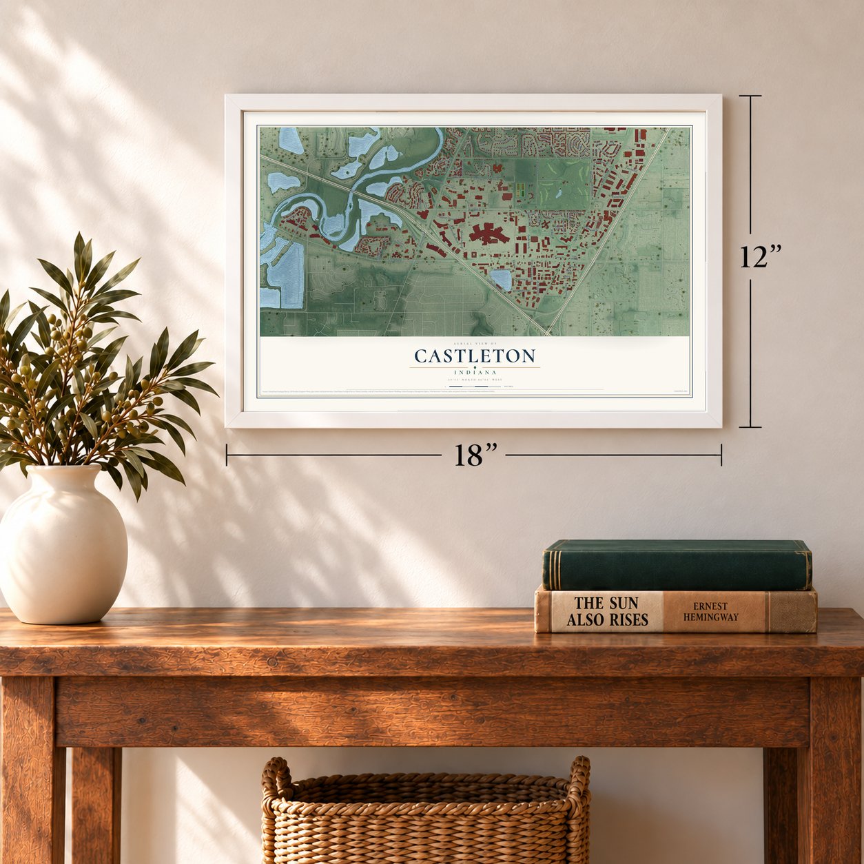 Castleton, Indiana map, 12 x 18 inch print in a white frame in an entryway