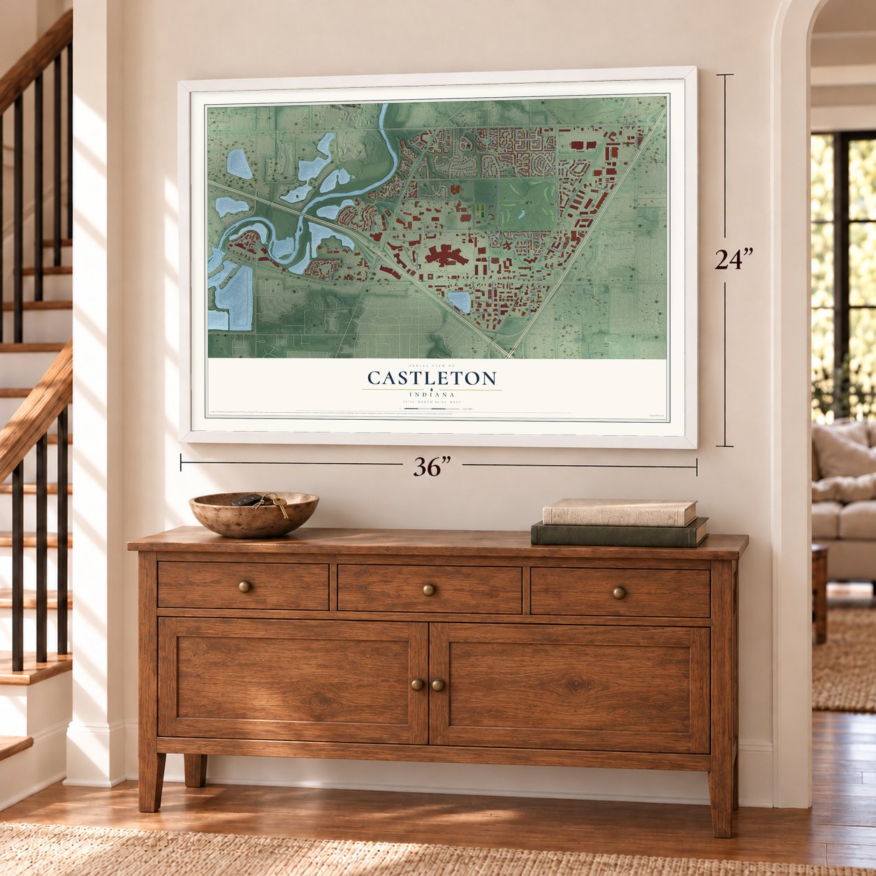 Castleton, Indiana map, 24 x 36 inch print in a white frame above a dresser by a staircase