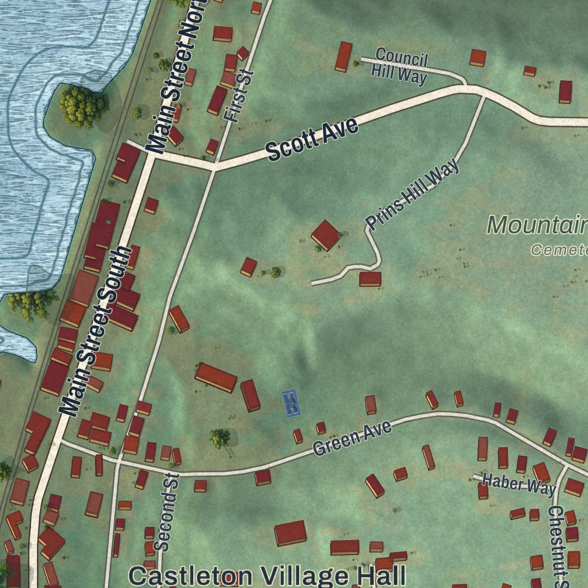 Second close-up of the map of Castleton-on-Hudson, New York print showing more streets and buildings