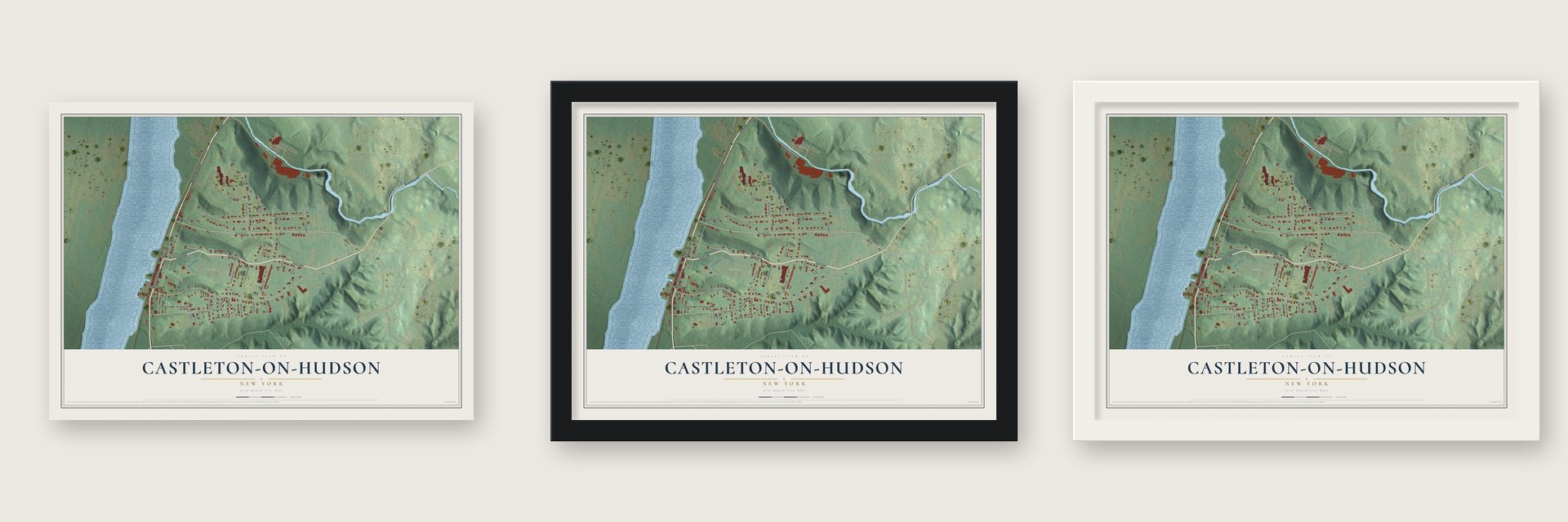 Castleton-on-Hudson, New York map unframed, in a black wood frame and in a white wood frame
