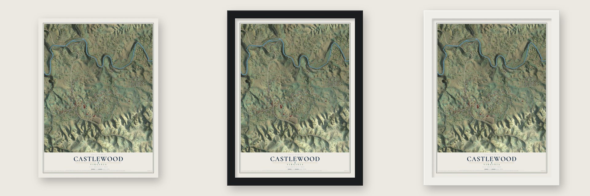 Castlewood, Virginia map unframed, in a black wood frame and in a white wood frame