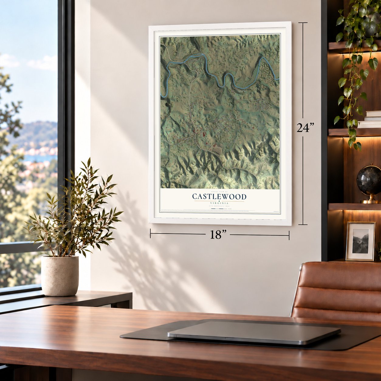 Castlewood, Virginia map, 18 x 24 inch print in a white frame in a home office