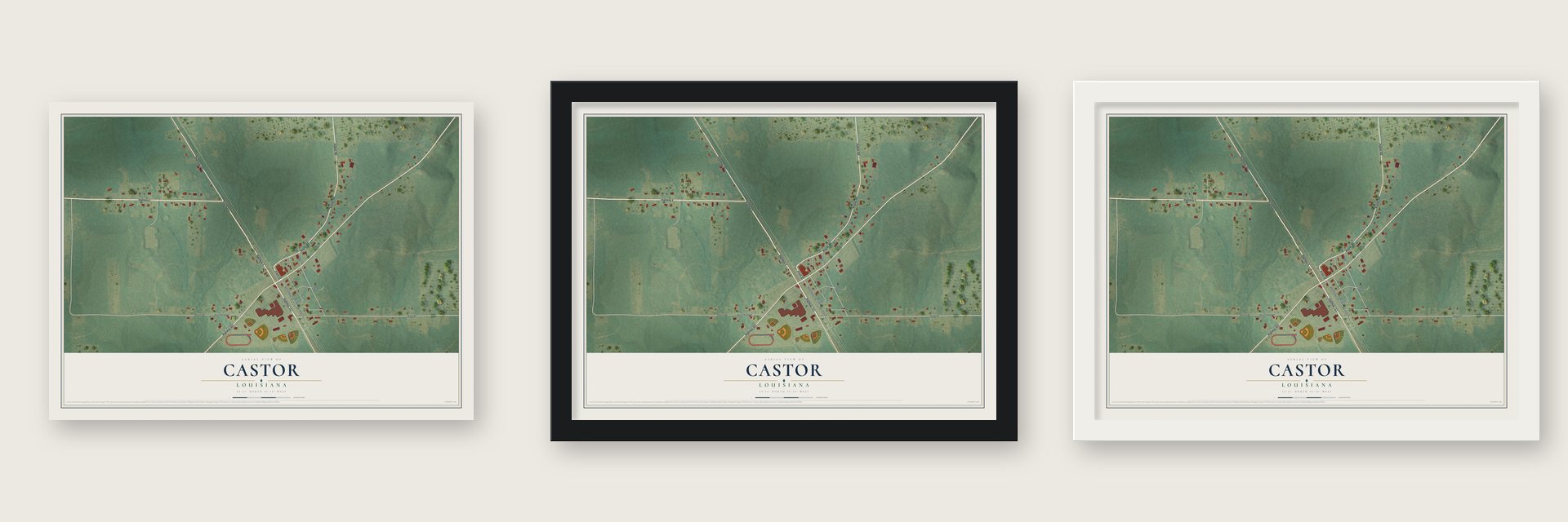 Castor, Louisiana map unframed, in a black wood frame and in a white wood frame