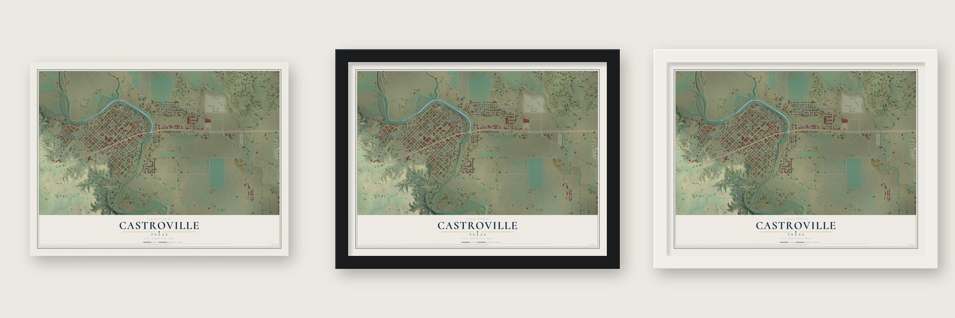 Castroville, Texas map unframed, in a black wood frame and in a white wood frame