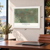 Castroville, Texas map, 18 x 24 inch print in a white frame in a home office