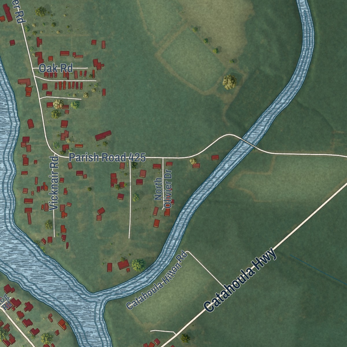 Second close-up of the map of Catahoula, Louisiana print showing more streets and buildings