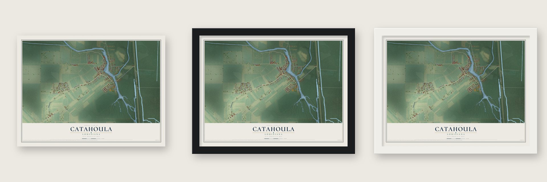Catahoula, Louisiana map unframed, in a black wood frame and in a white wood frame