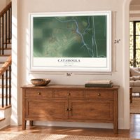 Catahoula, Louisiana map, 24 x 36 inch print in a white frame above a dresser by a staircase