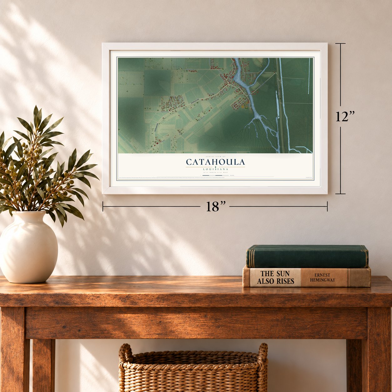 Catahoula, Louisiana map, 12 x 18 inch print in a white frame in an entryway