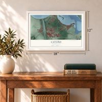 Cataño, Puerto Rico map, 12 x 18 inch print in a white frame in an entryway