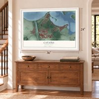Cataño, Puerto Rico map, 24 x 36 inch print in a white frame above a dresser by a staircase