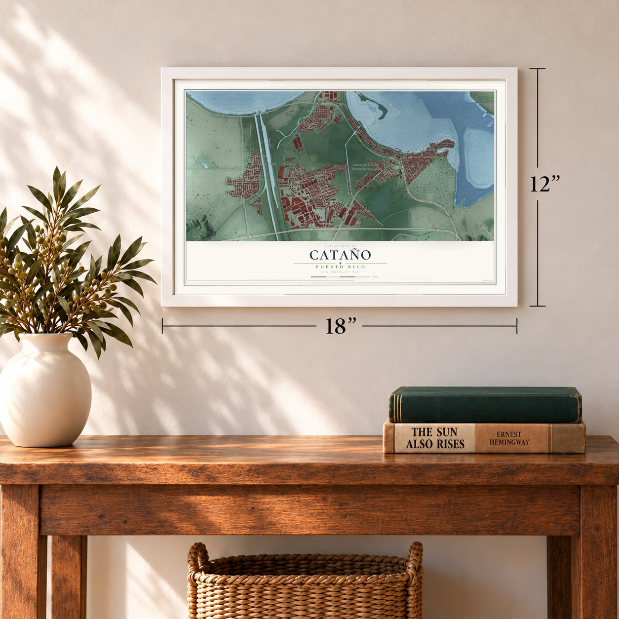 Cataño, Puerto Rico map, 12 x 18 inch print in a white frame in an entryway