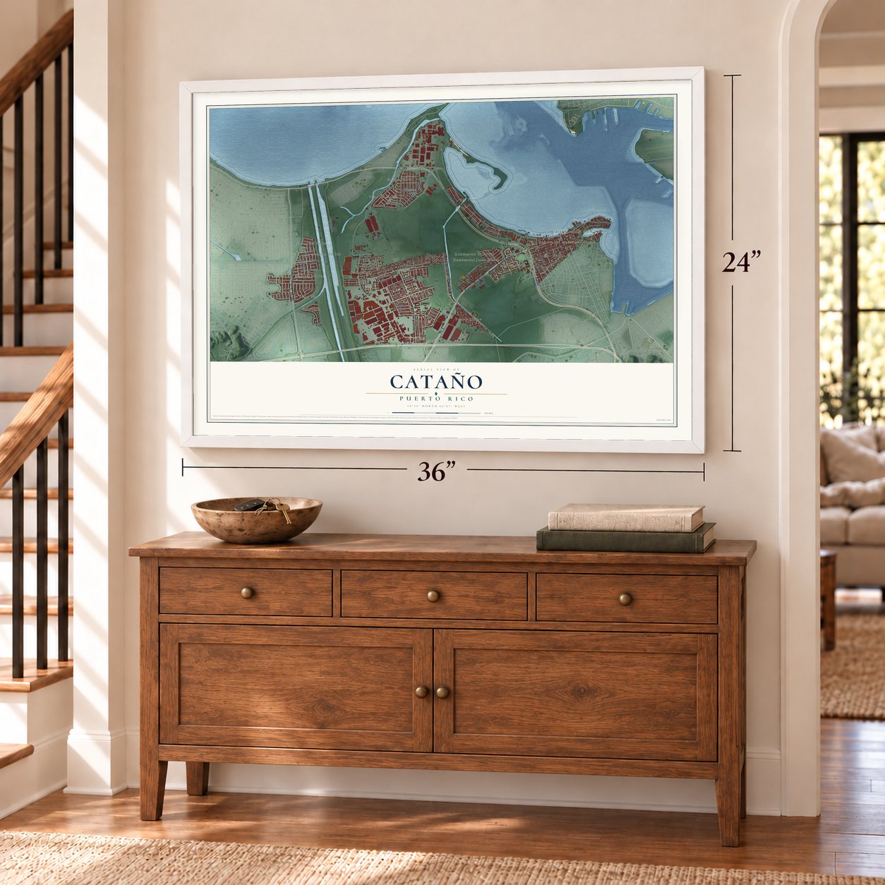 Cataño, Puerto Rico map, 24 x 36 inch print in a white frame above a dresser by a staircase