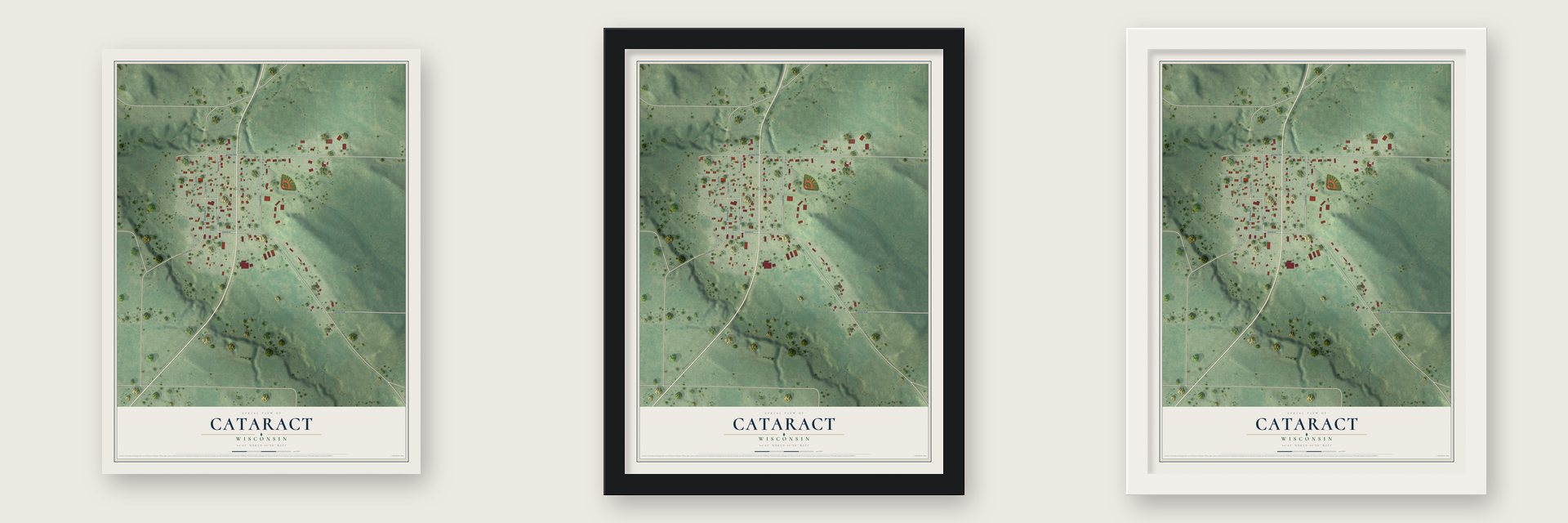 Cataract, Wisconsin map unframed, in a black wood frame and in a white wood frame