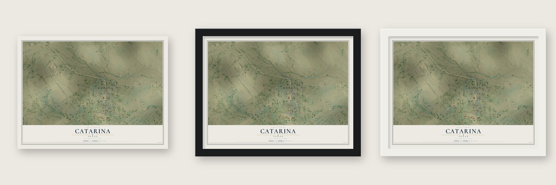 Catarina, Texas map unframed, in a black wood frame and in a white wood frame