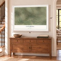 Catarina, Texas map, 24 x 36 inch print in a white frame above a dresser by a staircase